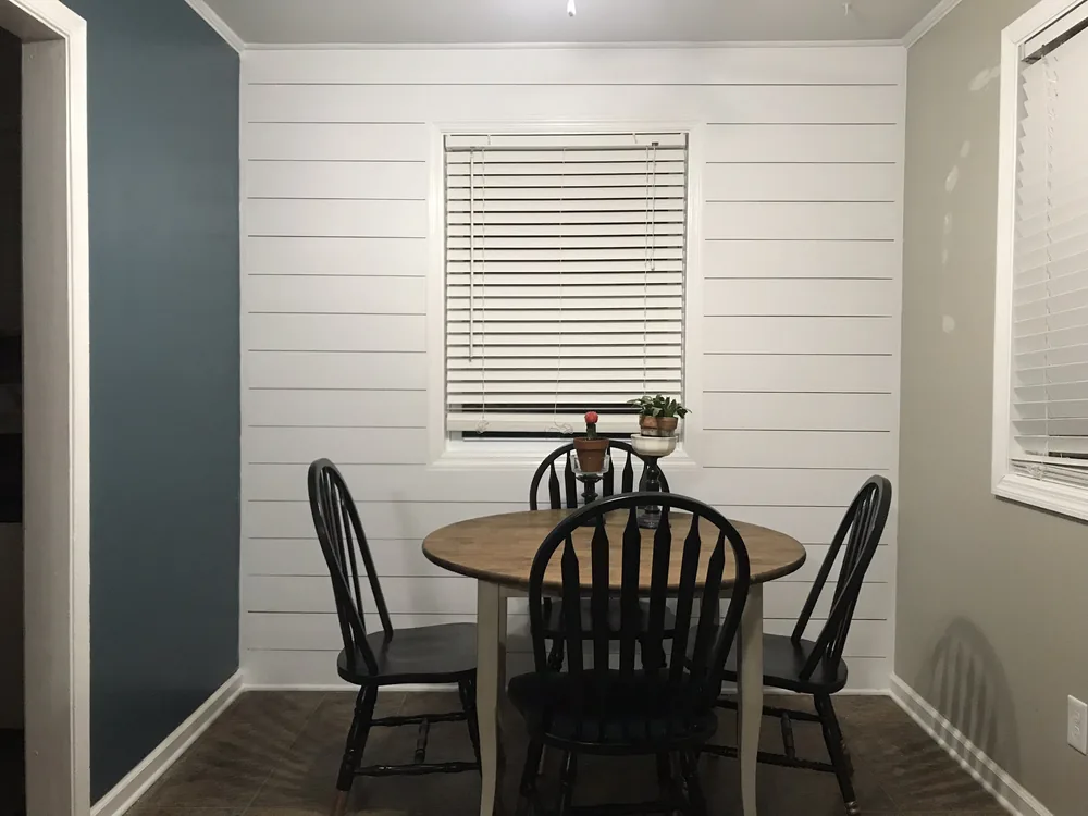 After: dining nook remodel with a shiplap feature wall